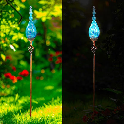 Solar Garden Lights Outdoor, Decorative LED Flame Garden Stakes, Hand Blown Glass and Outdoor Waterproof Glass Stakes (Light Blue)