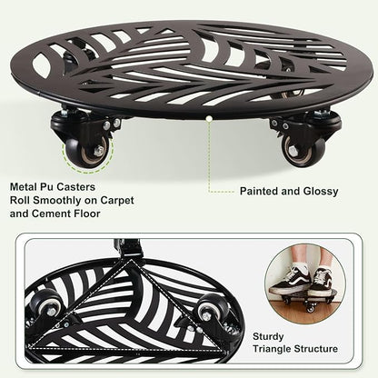 2 Packs Large Metal Plant Caddy with Wheels 13.6" and 12" Heavy-duty Wrought Iron Rolling Plant Stands with PU Metal Casters Indoor Outdoor Round Plant Pot Roller Base Planter Movers, Glossy Black