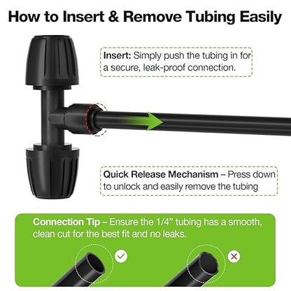 MIXC 1/2" to 1/4" Drip Irrigation Tee Fittings, Heavy-Duty Lock Nut 3-Way Connector, Anti-Leak Drip Irrigation Quick Connect Fittings for 1/2" Tubing (0.67" OD) 10 Pack