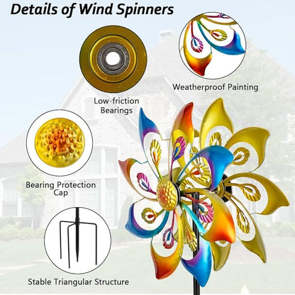DREAMSOUL 13" Dia Wind Spinners Outdoor with 4 Prong Stakes, Kinetic Metal Wind Spinners for Yard and Garden Decor (52 * 13 Inches)
