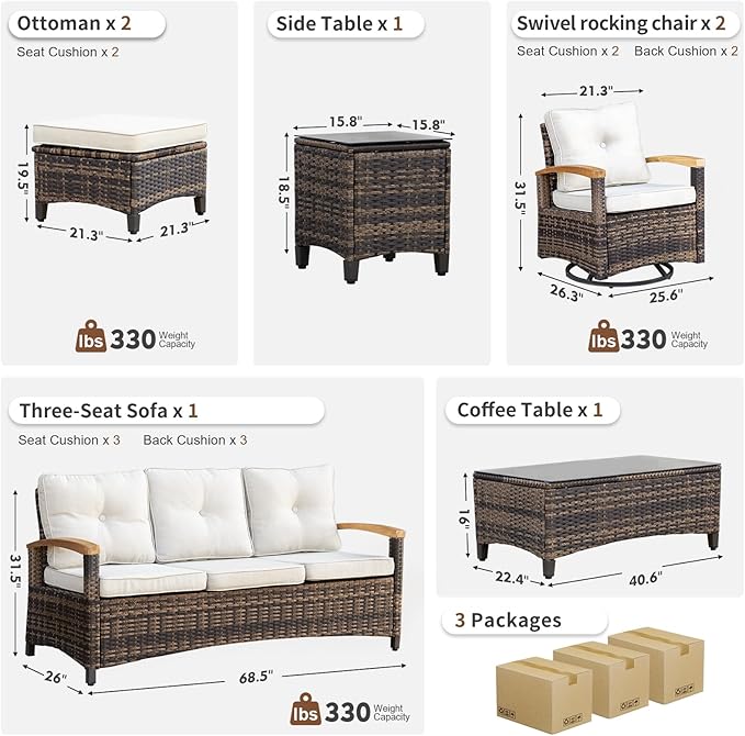 MEISSALIVVE 7 Pieces Patio Furniture Sets,PE Wicker Outdoor Furniture Conversation Sets with 2 Wood Armrests Swivel Rocker Chairs, 2 Ottoman, 3-seat Sofa and Coffee Table(Brown)