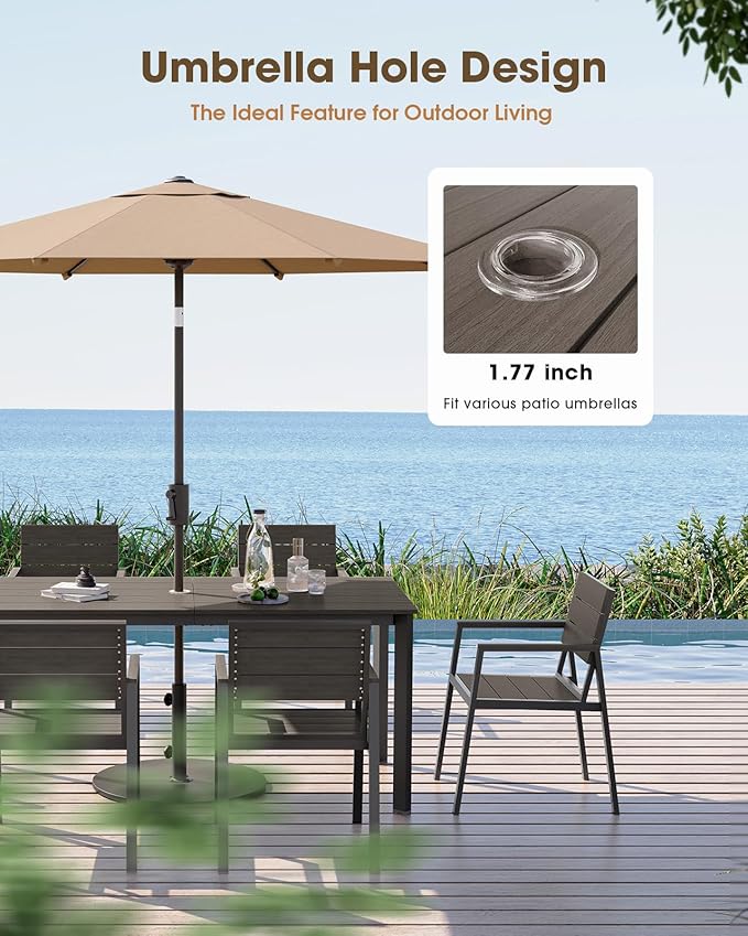 Patio Outdoor Dining Set for 6, Aluminum 7 Piece HDPE Outdooor Table and Chairs Set with Umbrella Hole, Modern Rectangular Patio Furniture Set with All-Weather Table & 6 Chairs (Charcoal)