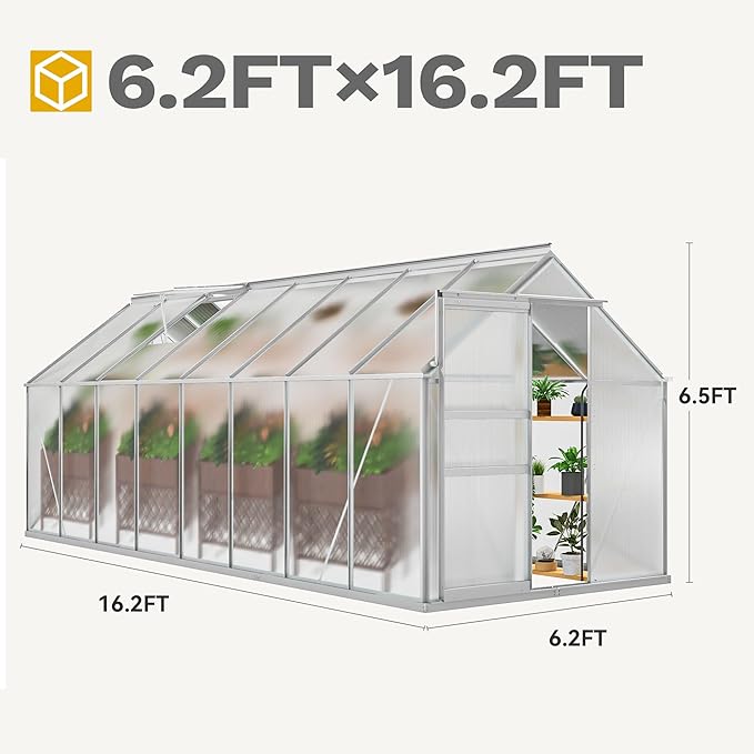 DWVO 6x16FT Polycarbonate Greenhouse Heavy Duty Green Houses Outdoor Aluminum Greenhouses with Sliding Doors Vent Window Walk-in Greenhouse Large Sun House for Garden Backyard, Matte Sliver