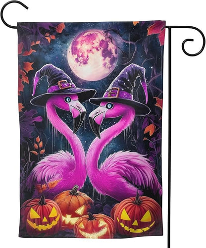 Flamingo Halloween Garden Flag Vertical Double Sided Outdoor Yard Flags 12.5x18 Inch Burlap Banners for House Lawn