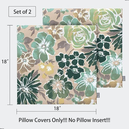 Magpie Fabrics Patio Pillow Covers ONLY 18"x18", Set of 2, Fade-Resistant Outdoor Indoor Cushion Cases Decorative Throw Pillowcase Shell for Couch Garden Furniture - Green Floral