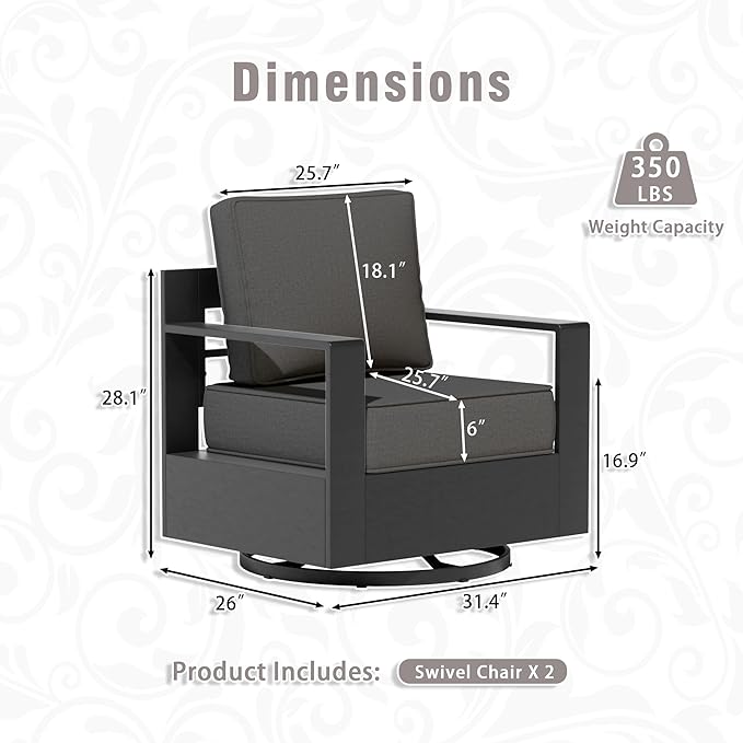 3 PCS Aluminum Patio Conversation Set - Outdoor 3-Seater Sofa, 2 360° Swivel Chair with 6" Thick Water-insistant Cushions, All-Weather Use Frame, Removable Cover, Ideal for Garden, Poolside (Grey)