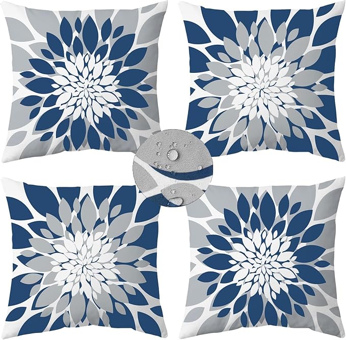 Qahing Pack of 4 Outdoor Waterproof Pillow Covers 22x22 Decorative Outdoor Throw Pillows Garden Square Cases for Patio Furniture, Couch, Tent Sunbrella, Bench, Blue Grey