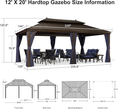 PURPLE LEAF 12' X 20' Hardtop Gazebo Pavilion for Outdoor with Netting and Curtains Deck Backyard Heavy Duty Sunshade Large Metal Patio Permanent Canopy