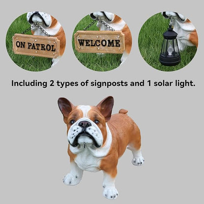 Bulldog Solar Welcome Statue, Hand-Painted Resin Standing Dog Figurine with Lantern and Dual Wooden-Style Signs, Loyal Guardian Sculpture for Garden and Porch Décor