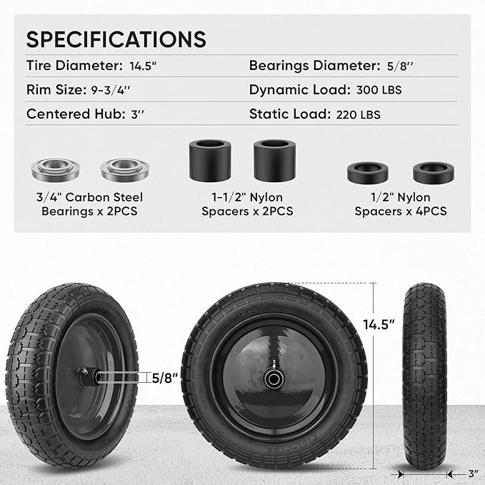 TICONN 4.80/4.00-8 Tire, 14.5" Flat Free Wheelbarrow Tire and Wheel, Solid Replacement Tires with 3" Centered Hub, 5/8" 3/4" Bearings, Universal Fit 4.80/4.00-8, 3.50/3.00-8, 4.00-6 (Black)