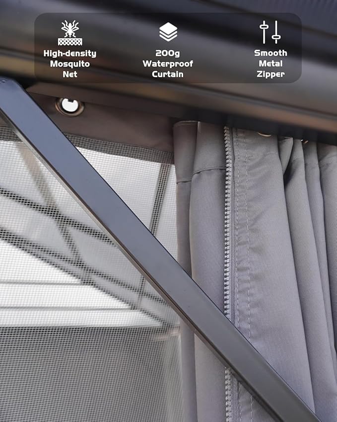 GAOMON Hardtop Gazebo 10'x12', with Double Polycarbonate Roof, Aluminum Alloy Frame, Net, and Curtain, Permanent Building of Backyard Luxury, for Patio, Deck, Backyard, Lawn, and Garden, Gray