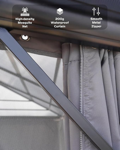 GAOMON Hardtop Gazebo 10'x13', with Double Polycarbonate Roof, Aluminum Alloy Frame, Net, and Curtain, Permanent Building of Backyard Luxury, for Patio, Deck, Backyard, Lawn, and Garden, Gray