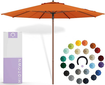 Midtown Umbrellas The Wooden 10 Feet Patio Umbrella With Sunbrella Canvas Tuscan Acrylic Fabric - Aluminum Frame Market Umbrella For Backyard, Deck, Garden, Pool - Wooden Pole
