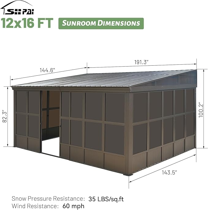 12x16FT Lean to Sunroom Kit All Season, Aluminum Wall Mounted Solarium with Galvanized Steel Slope Sun Room Roof, 2 Sliding Double Doors, PC Windows, Enclosed Permanent Gazebo for Patio, Deck