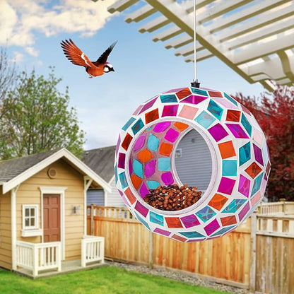 Yinns Glass Bird Feeders Outside, Hanging Mosaic Bird Feeder, Round Shape Fly Through Container Wild Birdfeeder for Garden, Backyard Decor