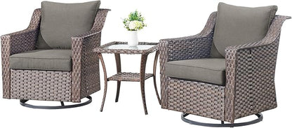 Outdoor Patio Table and Chairs Set - 3 Piece Outside Wicker Conversation Bistro Dining Furniture Sets with Glide Rocking Swivel Chair and Glass Top End Tables for Front Porch Balcony Yard – Brown/Grey