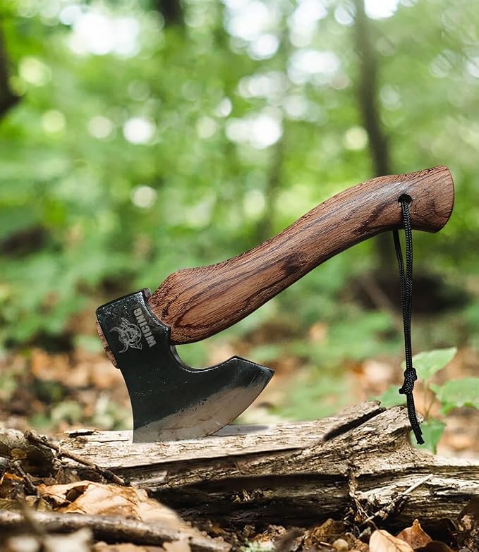 10.6 in Hatchet, 1065 Manganese Steel and Beech Wood Handle with Leather Sheath for Camping, Carving, Bushcraft Outdoor