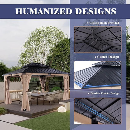 CHARMELEON Hardtop Wood Gazebo 10x12 ft – Cedar Wood Frame Gazebo with Double Metal Roof – Outdoor Wooden Gazebos Pavilion for Patio, Backyard and Deck – Frosted Black Top & Grayish Brown Frame