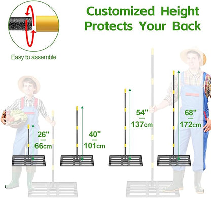 Lawn Leveling Rake 30”x10” Large Heavy Duty Metal Lawn Leveler with 65” Long Adjustable Handle Proffesional Yard Leveling Rake for Soil Dirt Sand Compost Efficient Lawn Leveling Tool
