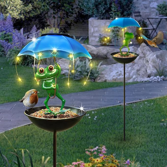 Solar Bird Feeder Frog Garden Decor, Outdoor Solar Lights Frog Figurine Lights with Umbrella, Hummingbird Feeder Decorative Path Lights Yard Art Ornament Bird Feeder (Frog)