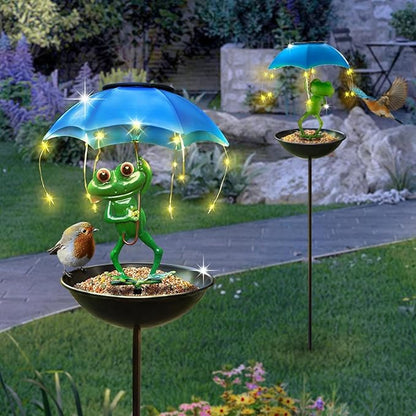 Solar Bird Feeder Frog Garden Decor, Outdoor Solar Lights Frog Figurine Lights with Umbrella, Hummingbird Feeder Decorative Path Lights Yard Art Ornament Bird Feeder (Frog)
