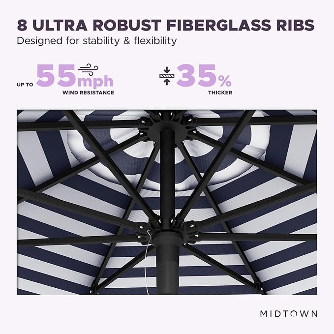 Midtown Umbrellas Push and Pop 10 Feet Outdoor Umbrella, Navy Stripes Polyester Fabric - Fiberglass Ribs Deck Patio Umbrella, Backyard Umbrella, Garden Umbrella & Pool Umbrella - Black Pole