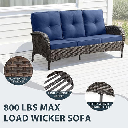 5 Piece Patio Furniture Set with Fire Pit Table - Wicker Patio Conversation Set with Swivel Glider, 3-Seat Sofa, Tempered Glass Side Table for Deck Backyard - Brown Wicker Blue Cushion