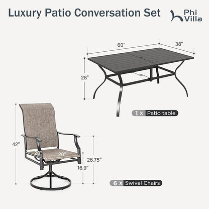 PHI VILLA 7 PCS Patio Dining Set, Outdoor Table & Chairs Set with Large Metal Table & 6 High Back Padded Outdoor Swivel Armerest Chairs, Patio Dining Furniture Set for Patio, Lawn, Garden, Porch