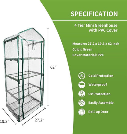 Mini Greenhouse for Indoor Outdoor, Small Plants Green House with 4 Tier Shelves, Portable Plastic Greenhouses with Transparent PVC Cover for Garden Backyard Patio Balcony Porch