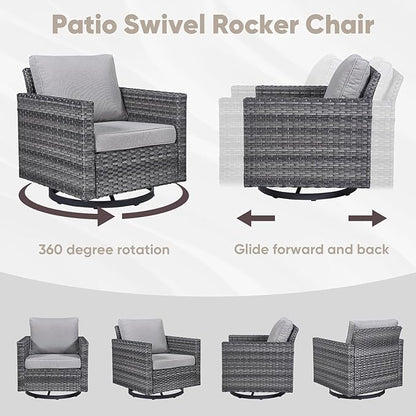 Wicker Patio Furniture Set, 6 PCS Outdoor Patio Furniture Set with Swivel Chairs, Includes 2 Swivel Patio Chairs, 1 Outdoor Couch, 1Side Table and 2 Ottoman, Grey/Grey