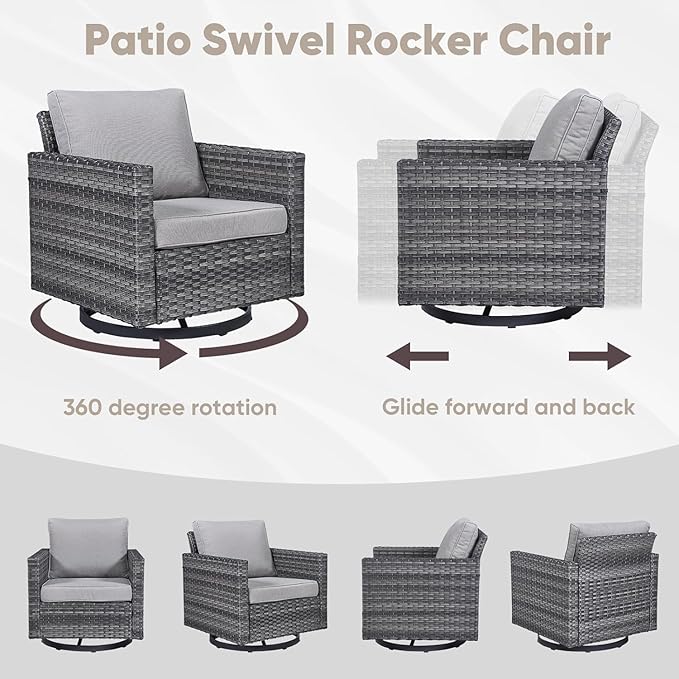 Wicker Furniture Set: 7 Piece Outdoor Furniture Set with 2 Swivel Chairs, 2 Club Chairs, Coffee Table and 2 Ottomans - Grey/Grey