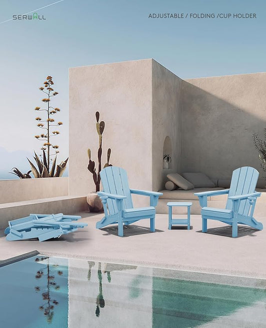 SERWALL Folding Adirondack Chair Set of 4, Adjustable Adirondack Chair with 3 Recline Positions, All Weather HDPE Outdoor Adirondack with Cup Holders, Light Blue