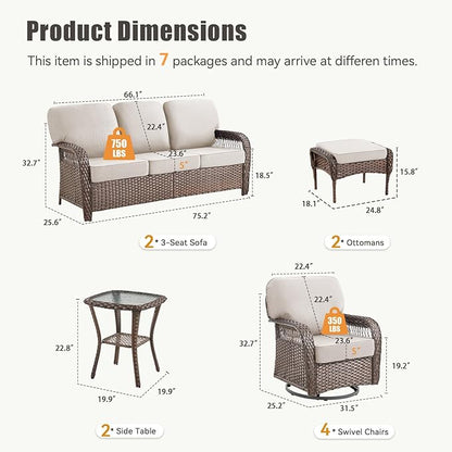 10 Pieces Patio Furniture Set Outdoor Sectional Sofa Couch with Rocking Swivel Chairs 5" Deep Seat Chairs, Modern Wicker Rattan Conversation Set, Beige/Brown Wicker