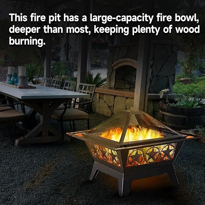 33-Inch Square Fire Pit, Large Metal Fireplace/Firepit with Mesh Lid, Poker, Waterproof Cover