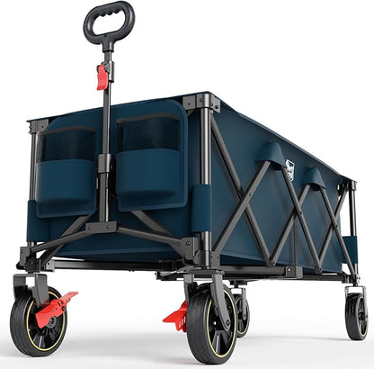 TIMBER RIDGE 51.2'' Extended Collapsible Wagon Cart with Brakes and Cargo Net, 500LBS Heavy Duty Foldable Utility Wagon with Adjustable Handle, 400L Capacity Portable Cart for Camping Sports Shopping