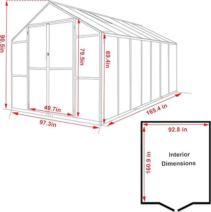 MUPATER 8 x 14 FT Heavy Duty Greenhouse, Polycarbonate Green House Kit with Aluminum Frame, Walk-in Greenhouse with Lockable Door and Ajustable Roof Vent for Backyard, Outdoors, Grey