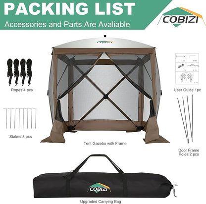COBIZI 6x6 Pop up Gazebo Tent, Ez up Waterproof Screen Tent Screen House, Portable Outdoor Canopy Sun Shelter with Carry Bag & Ground Stakes for Camping, Garden and Picnics, Brown(Upgraded 2.0)