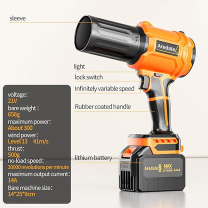 Storm Turbine，Leaf Blower Cordless with 6.0Ah 21V*2 Batteries，Handheld Electric Storm Turbine，Wind Force 13，41m/s，Suitable for Lawn Care, Patio, Leaf Blowing
