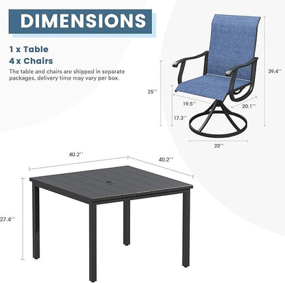 DIFY 5 Pieces Outdoor Patio Dining Set for 4, 40.2" Black Metal Square Dining Table and 4 Blue Textilene Swivel Dining Chairs, Outdoor Table and Chairs