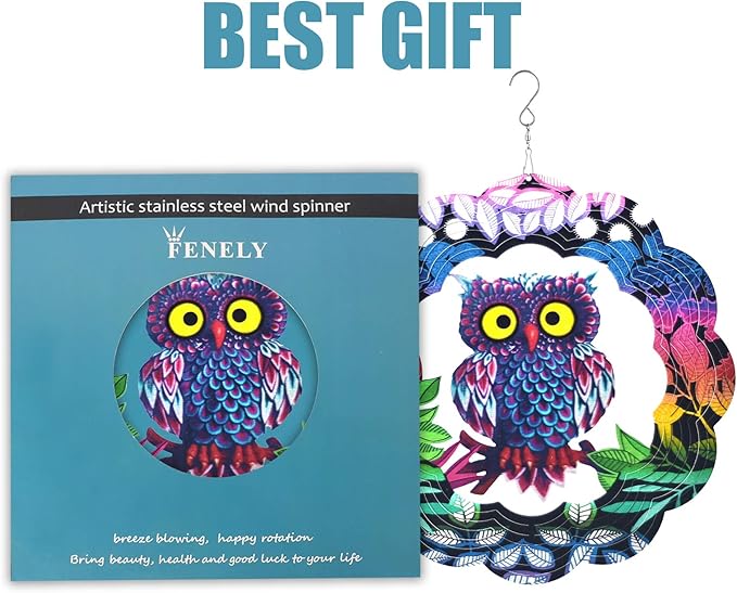 Wind Spinner Yard Art Garden Decor 3D Stainless Steel Metal Sculptures Owl Kinetic Hanging Whirligig Decorations Backyard Outside Indoor Outdoor Patio and Lawn Ornaments Clearance Sun Catcher Windmill