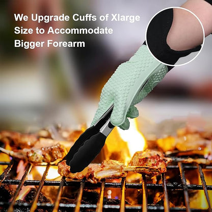 GEEKHOM BBQ Gloves Heat Resistant Oven Mitts - Silicone Grilling Gloves with 14" Long Arm Protection - Waterproof Pot Holder Non-Slip for Men & Women, Kitchen Cooking, Baking, Camping, Mint Green