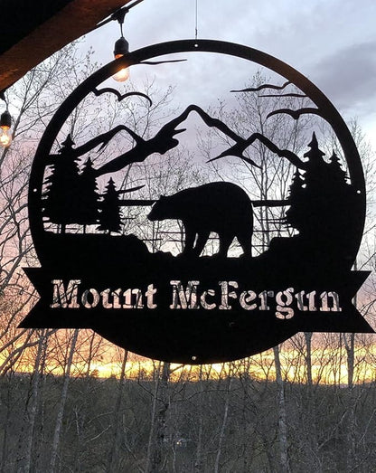 RealSteel Personalized Bear Metal Sign - Custom Outdoor Wall Art with Mountain Scene - Circular Design for Porch, Patio, Lawn & Garden Décor - Penny Vein, 30"