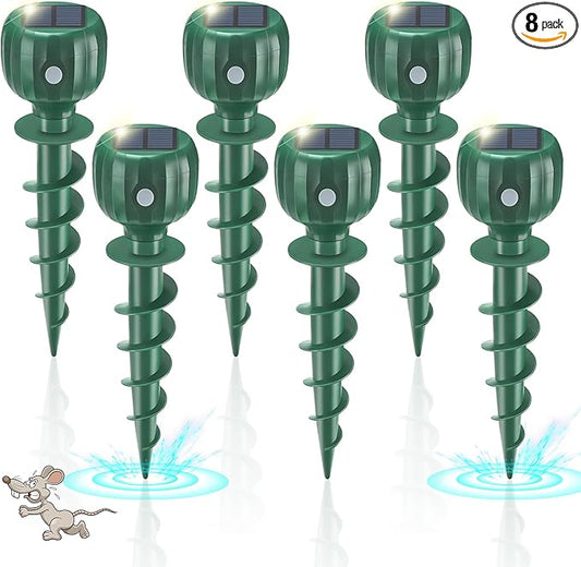 8 Pack Solar Powered Mole Repellent for Lawns, Waterproof Gopher Repellent Outdoor Get Rid of Snake Voles Ground Squirrels in Garden, Yard, Lawn