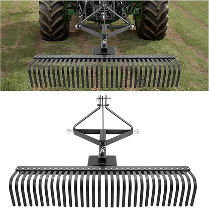 KUAFU 60" Landscape Rake, 3 Point Rake 360 Rotation Compatible with Category 1 Cat1 Compact Tractors Tow-Behind Garden Tool for Garden, Farm, Clearing Brush, Raking Arenas 2 Package Black