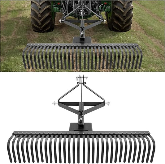 KUAFU 60" Landscape Rake, 3 Point Rake 360 Rotation Compatible with Category 1 Cat1 Compact Tractors Tow-Behind Garden Tool for Garden, Farm, Clearing Brush, Raking Arenas 2 Package Black