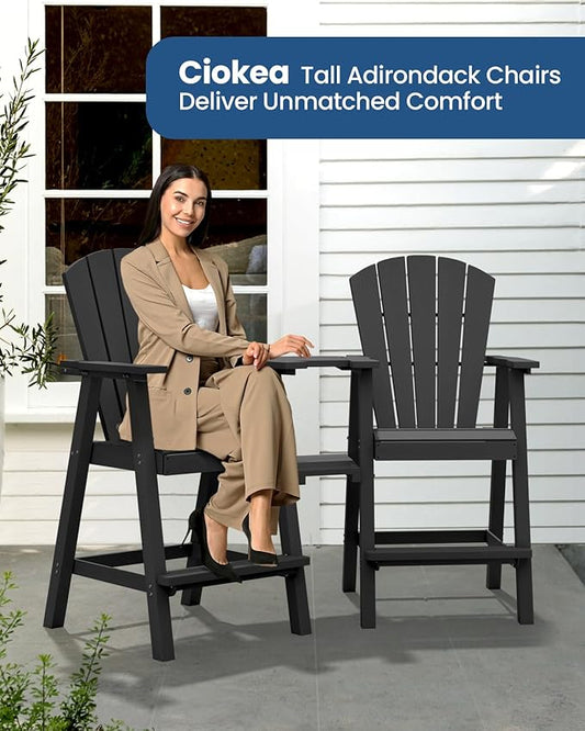 Ciokea Tall Adirondack Chairs Set of 2, HDPE Outdoor Adirondack Bar Stools with Double Connecting Tray, Weather Resistant High Back Adirondack Balcony Chairs for Deck, Lawn, Pool, Backyard, Black