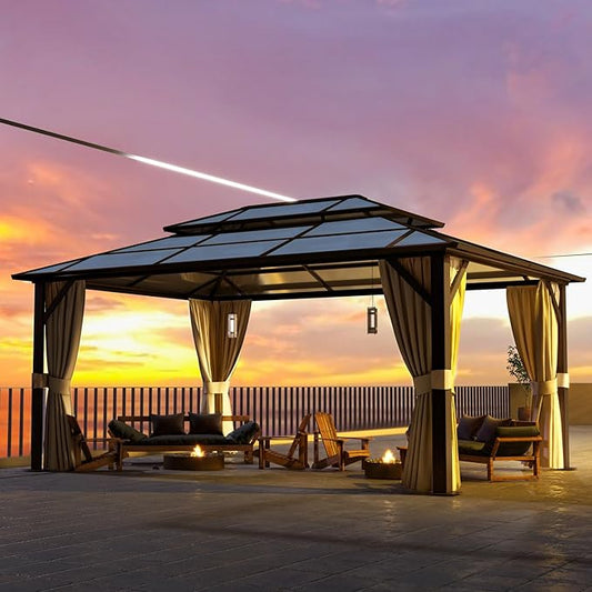 12'x16' Hardtop Gazebo, Outdoor Polycarbonate Double Roof Canopy, Aluminum Frame Permanent Pavilion with Curtains and Netting, Sunshade for Garden, Patio, Lawns