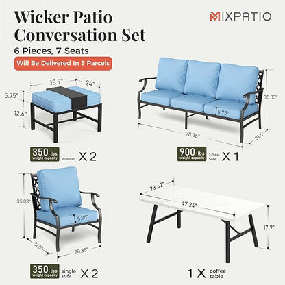 Patio Furniture Set 6 pcs, Outdoor Patio Furniture, 3-Seat Sofa, 2 Single Chairs, 2 Ottomans, Coffee Table and 5.75" Extra Thick Cushion, Patio Conversation Set for Garden Backyard Deck,Blue