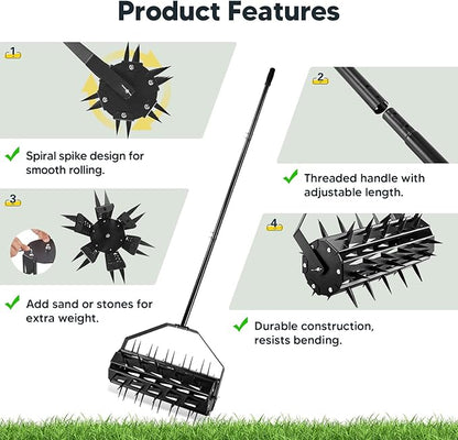 Rolling Lawn Aerator, Rotary Spike Lawn Aerator, Heavy Duty Manual Aerator Lawn Tool, 17-Inch Push Spike Aerator Roller with Adjustable Steel Handle for Garden, Lawns, Patio and Yard Grass Aeration