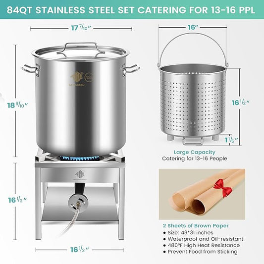 ARC 84QT Stainless Steel Seafood Boil Pot with 200,000BTU Propane Burner, w/Basket for Outdoor Deep Fryer, Large Cooking Pot for Turkey Fryer, Crab, Crawfish, Shrimp, Lobster Boiling Stock Pot